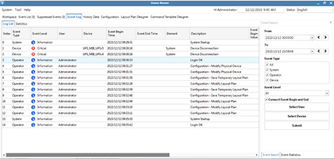 InfraSuite Device Master - featrue - Event Log List